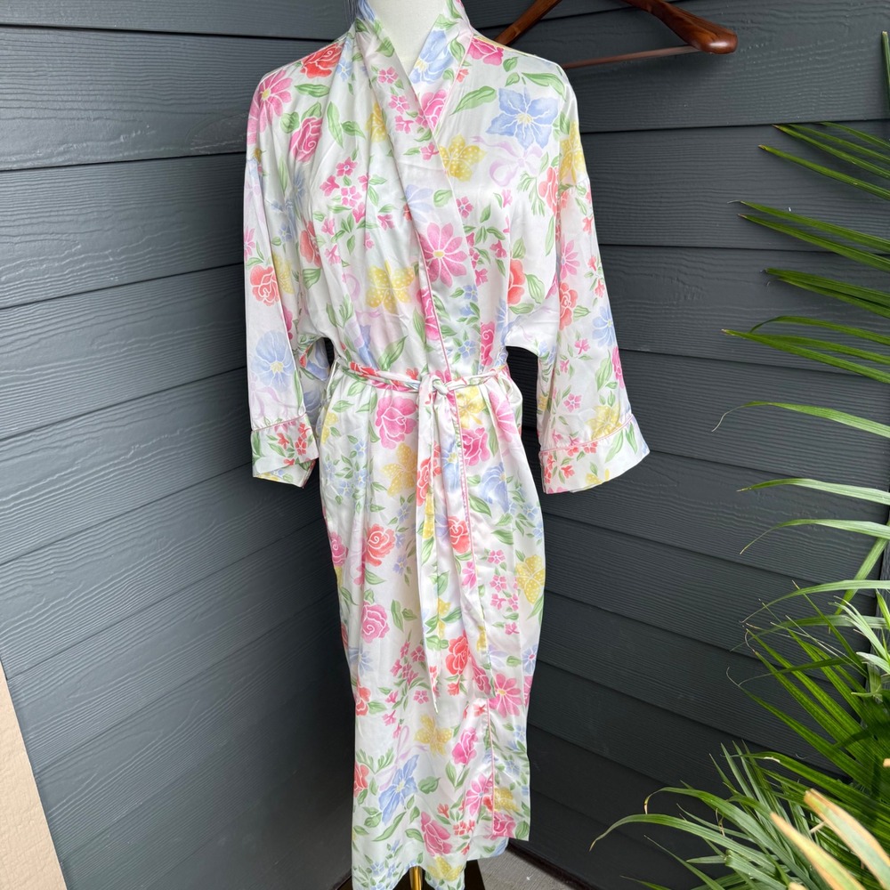 Christian Dior Loungewear Robe Petite Floral Silky Kimono Vintage Neiman Marcus